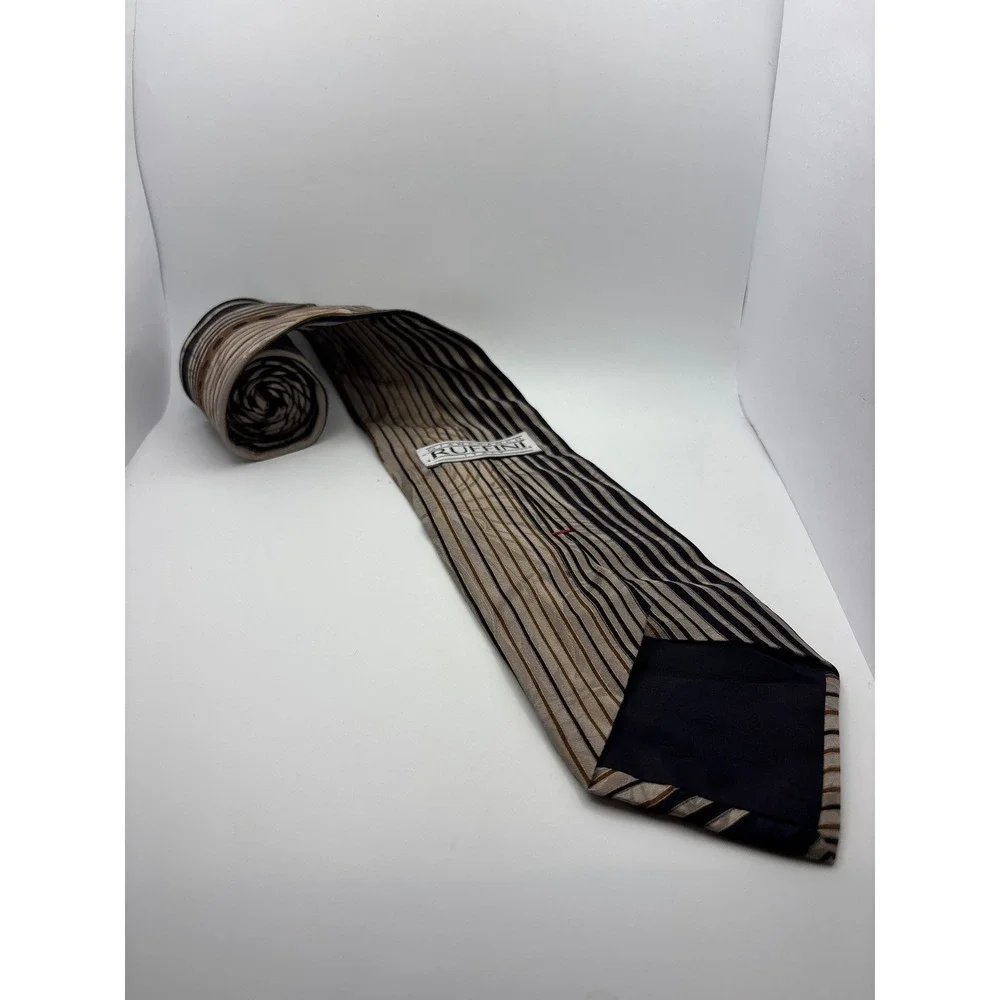 Gianfranco Ruffini Mens Silk Tie Tan Brown Black Geometric Abstract Stripe Italy
